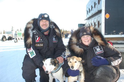Allen & Bridgette pose with their lead dogs at the finish of the race.