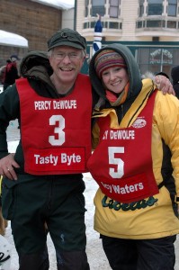 Father and Daughter take a moment to model their "Tasty Byte" and "Icy Waters" sponsor bibs. Ellen was hoping that her bib was not a precursor to something she may encounter on the Yukon...